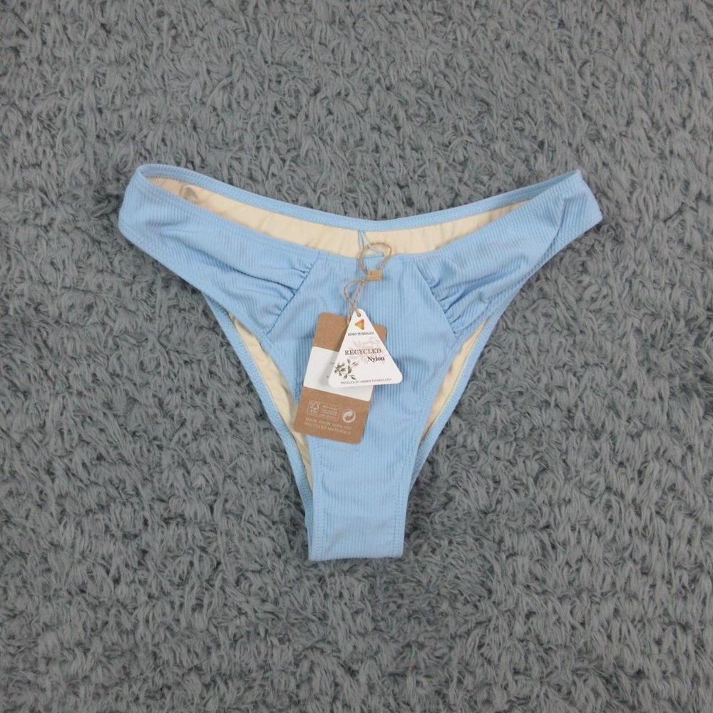 Berlook Bikini Bottom Womens Medium Blue Ribbed Recycled High Cut Cheeky NWT